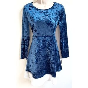 🆕 Gorgeous blue velour faux fur trim skater holiday dress long sleeve gi…
